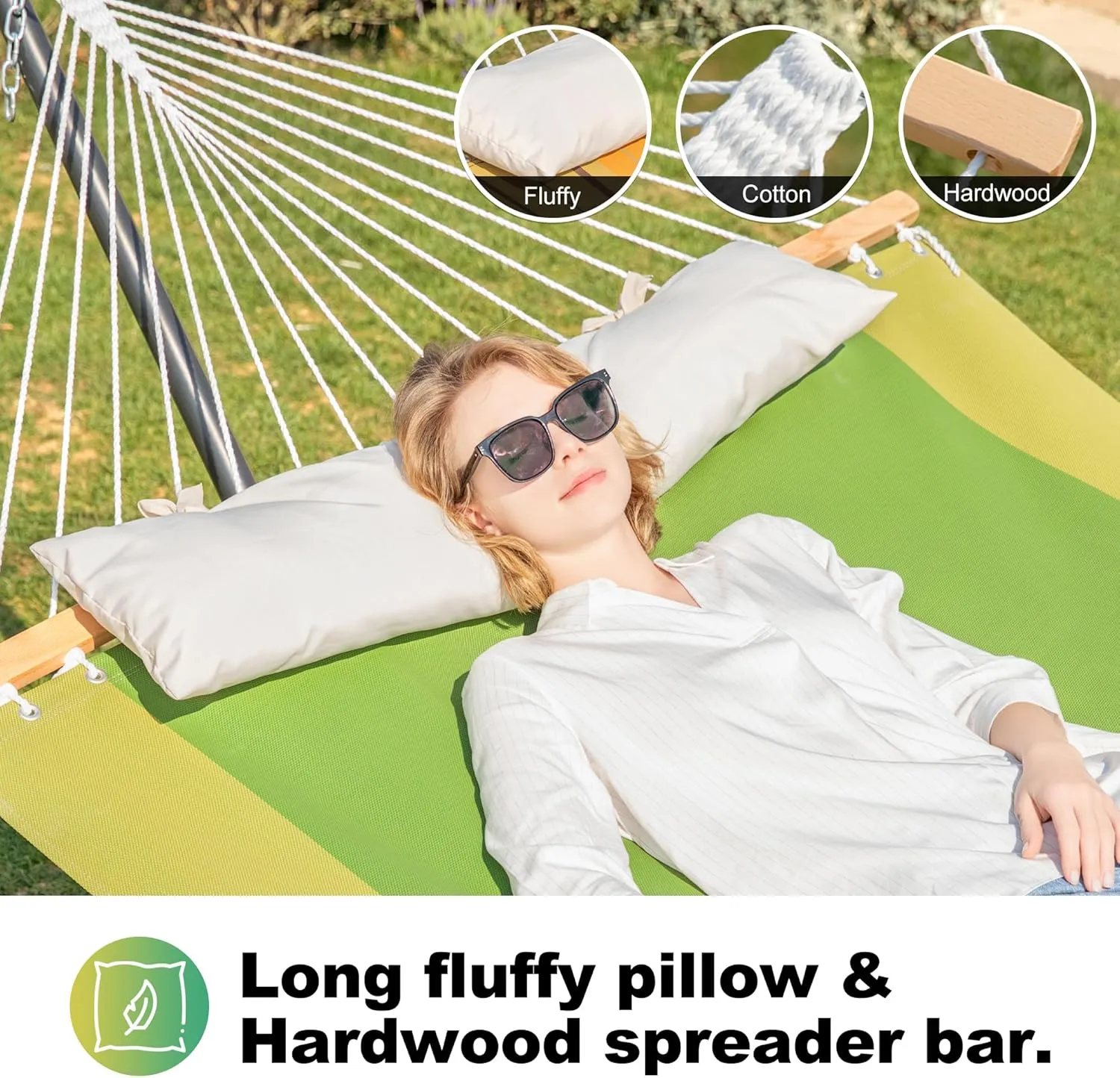 Waterproof Double Hammock with Stand for Outside Heavy Duty, 2 Person 55'' Large Quick Dry Textilene Hammocks with Hardwood Spreader Bar, Pillow, Side Pocket, 475lbs Capacity (Jungle Green)