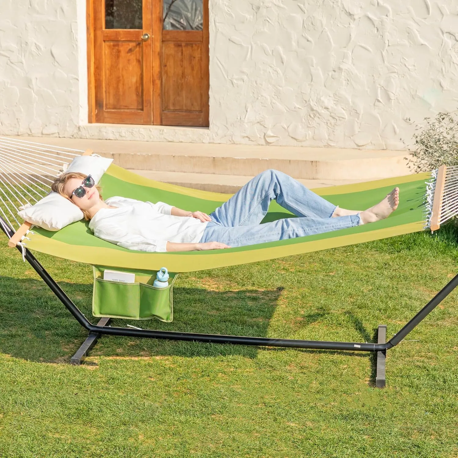Waterproof Double Hammock with Stand for Outside Heavy Duty, 2 Person 55'' Large Quick Dry Textilene Hammocks with Hardwood Spreader Bar, Pillow, Side Pocket, 475lbs Capacity (Jungle Green)