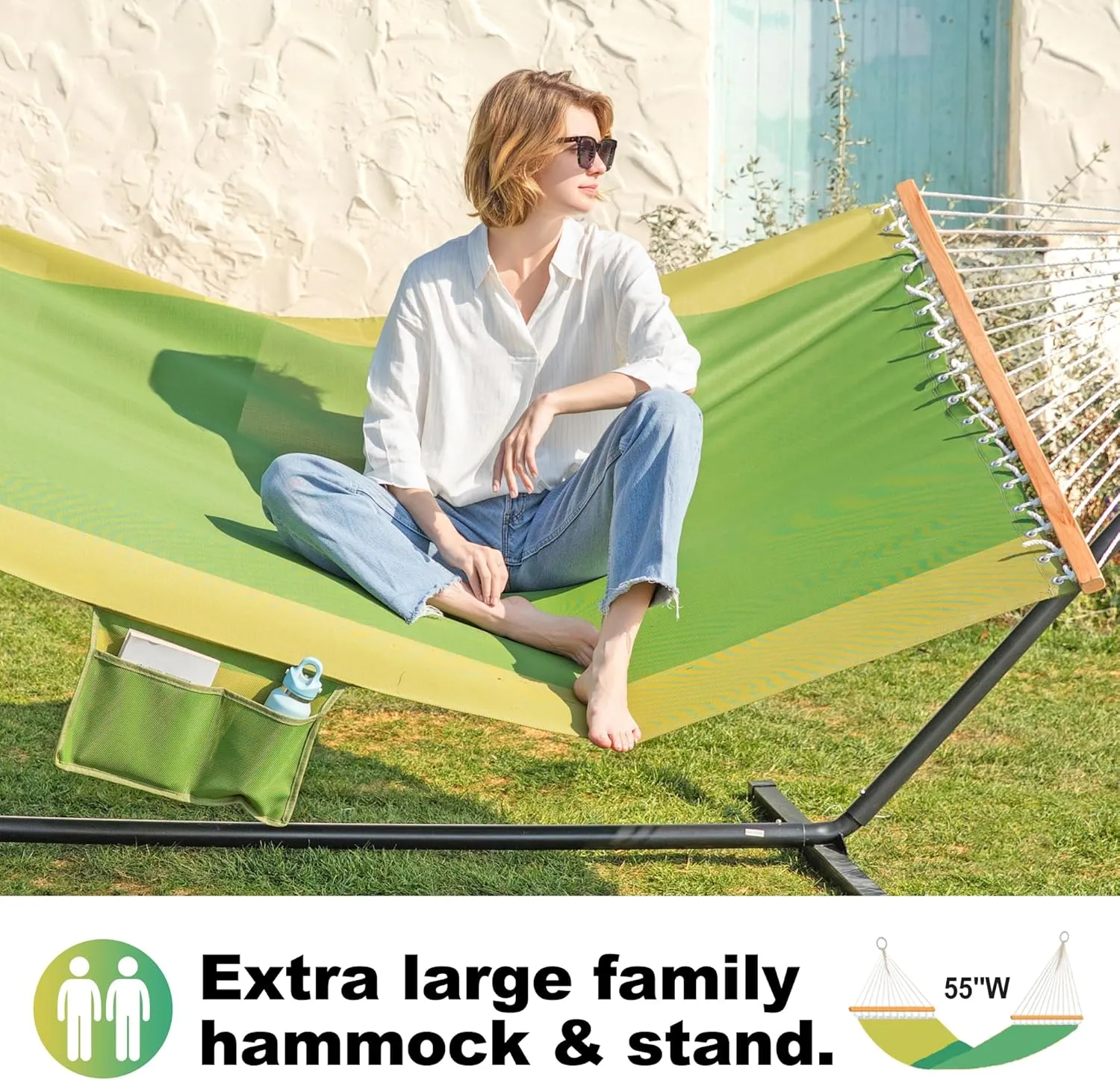 Waterproof Double Hammock with Stand for Outside Heavy Duty, 2 Person 55'' Large Quick Dry Textilene Hammocks with Hardwood Spreader Bar, Pillow, Side Pocket, 475lbs Capacity (Jungle Green)
