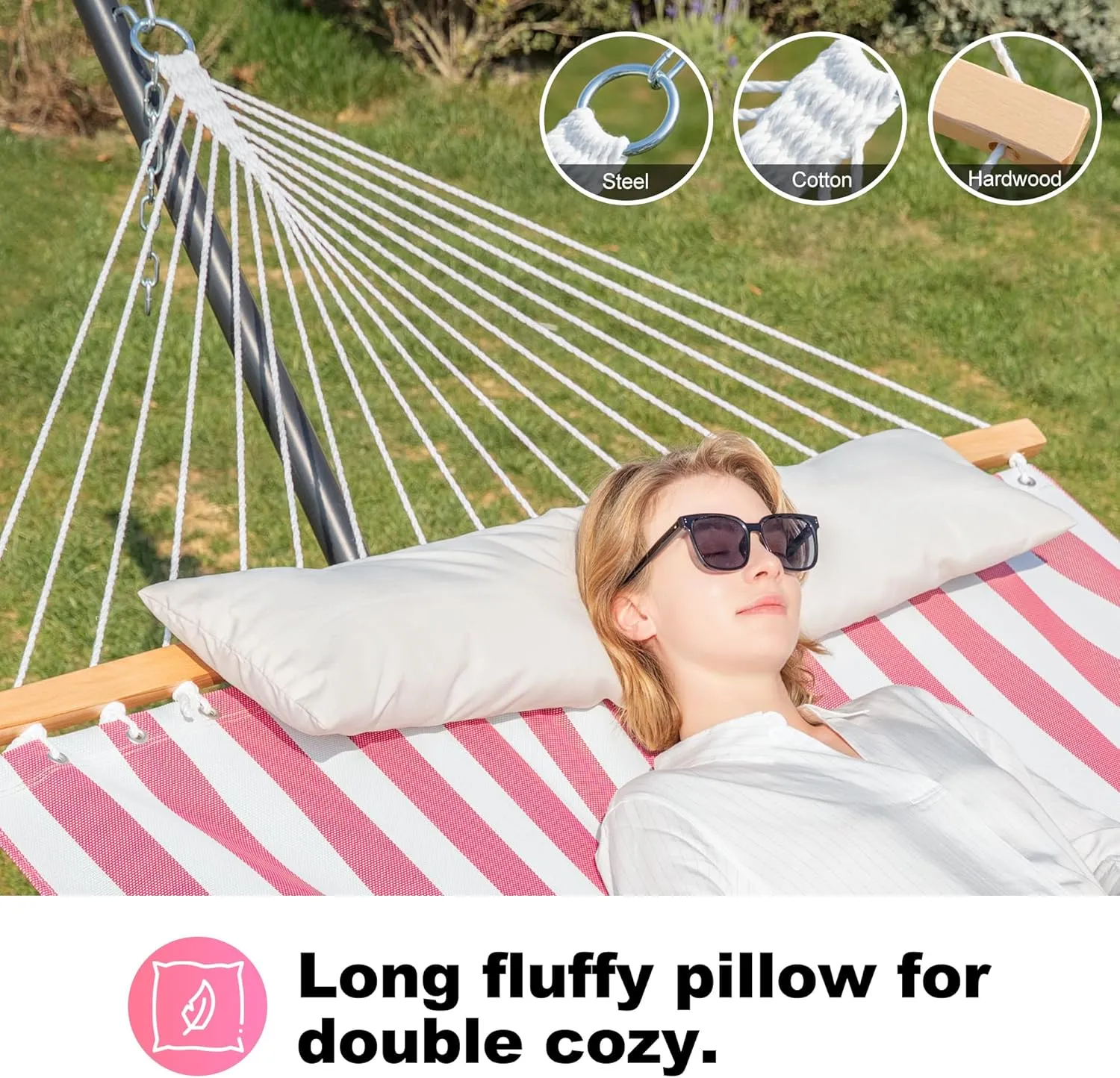 Waterproof Double Hammock with Stand for Outside Heavy Duty, 2 Person 55'' Large Quick Dry Textilene Hammocks with Hardwood Spreader Bar, Pillow, Side Pocket, 475lbs Capacity (Pink & White)