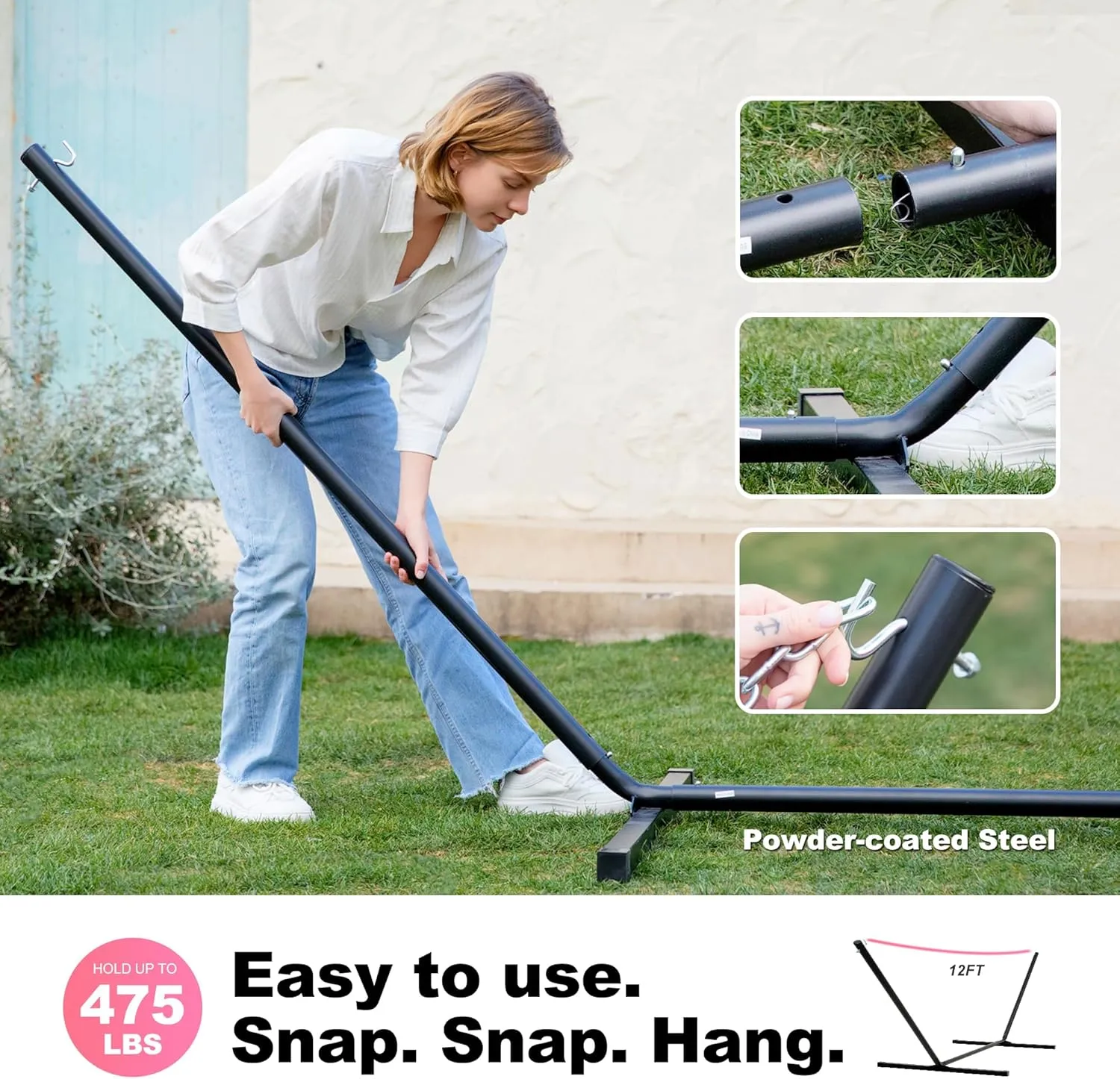 Waterproof Double Hammock with Stand for Outside Heavy Duty, 2 Person 55'' Large Quick Dry Textilene Hammocks with Hardwood Spreader Bar, Pillow, Side Pocket, 475lbs Capacity (Pink & White)