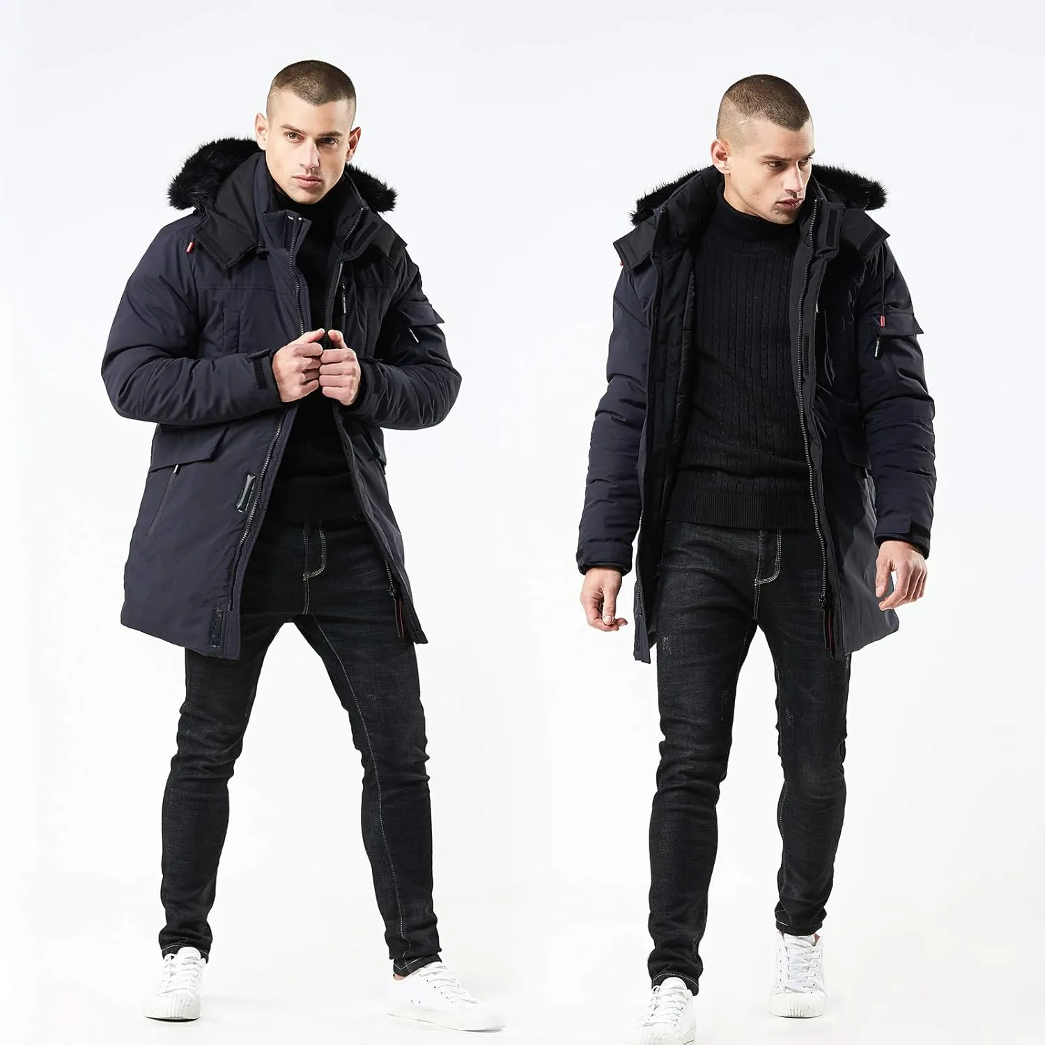 WEEN CHARM Men's Warm Parka Ski Jacket Water Resistant Puffer Jacket Long Winter Coat with Removable Faux Fur Hood