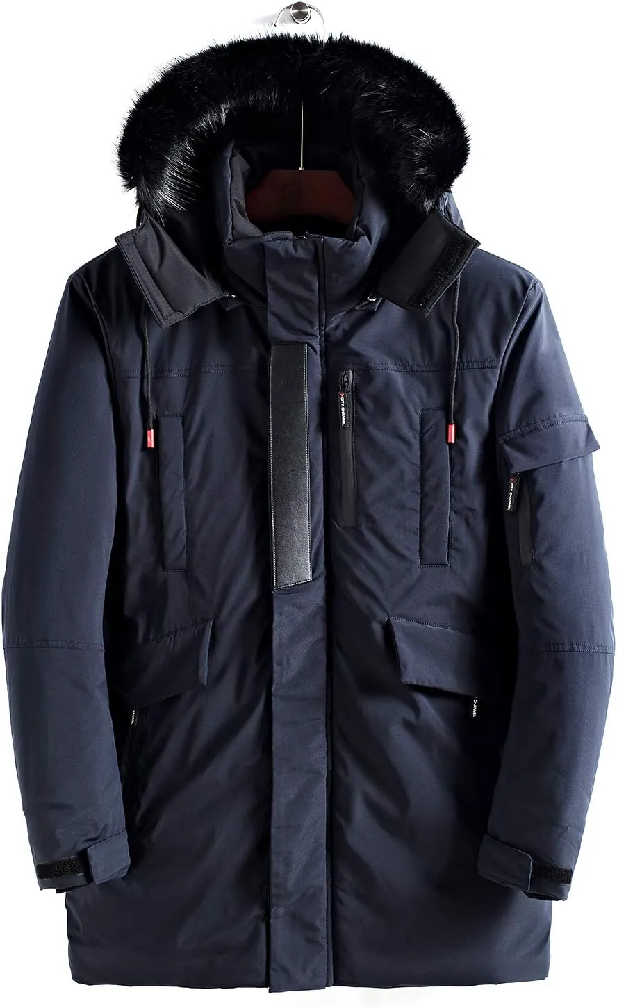 WEEN CHARM Men's Warm Parka Ski Jacket Water Resistant Puffer Jacket Long Winter Coat with Removable Faux Fur Hood