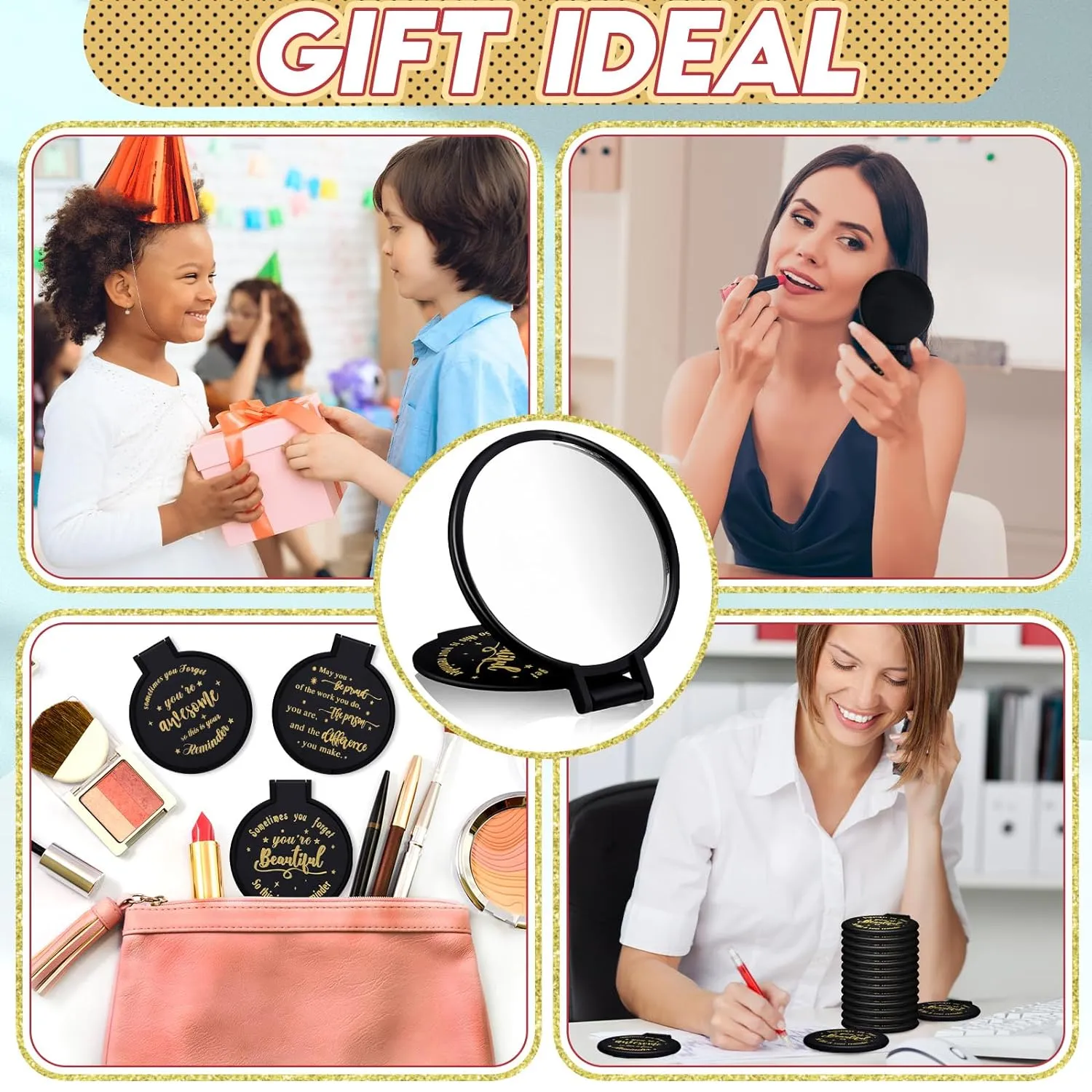 Wenqik 100 Pcs Compact Mirror Bulk Black Gifts for Women Small Inspirational Pocket Purse Handheld Mirror Portable Round Makeup Folding Appreciation Gift for Christmas Valentine Daily Travel Coworker