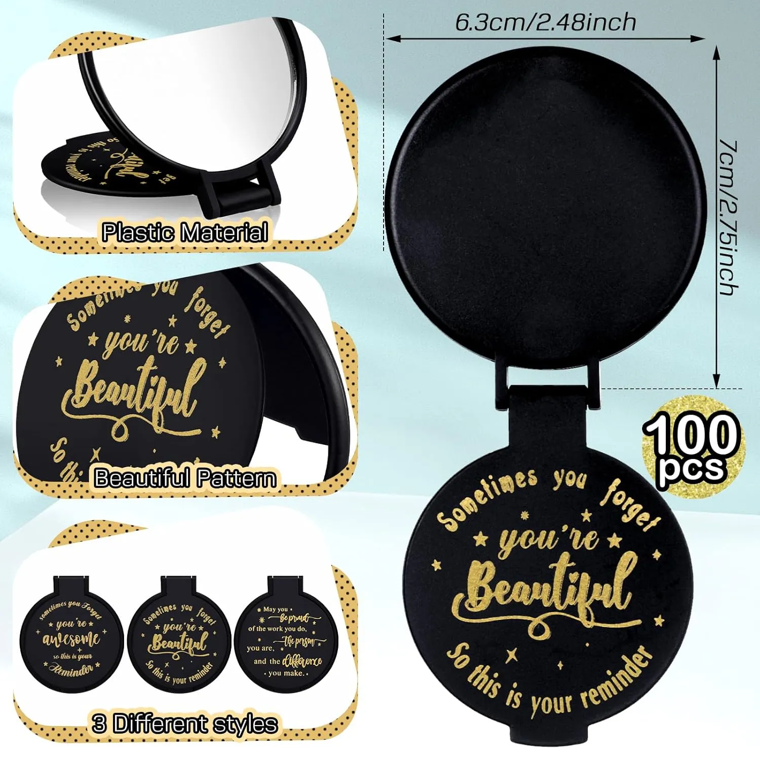 Wenqik 100 Pcs Compact Mirror Bulk Black Gifts for Women Small Inspirational Pocket Purse Handheld Mirror Portable Round Makeup Folding Appreciation Gift for Christmas Valentine Daily Travel Coworker