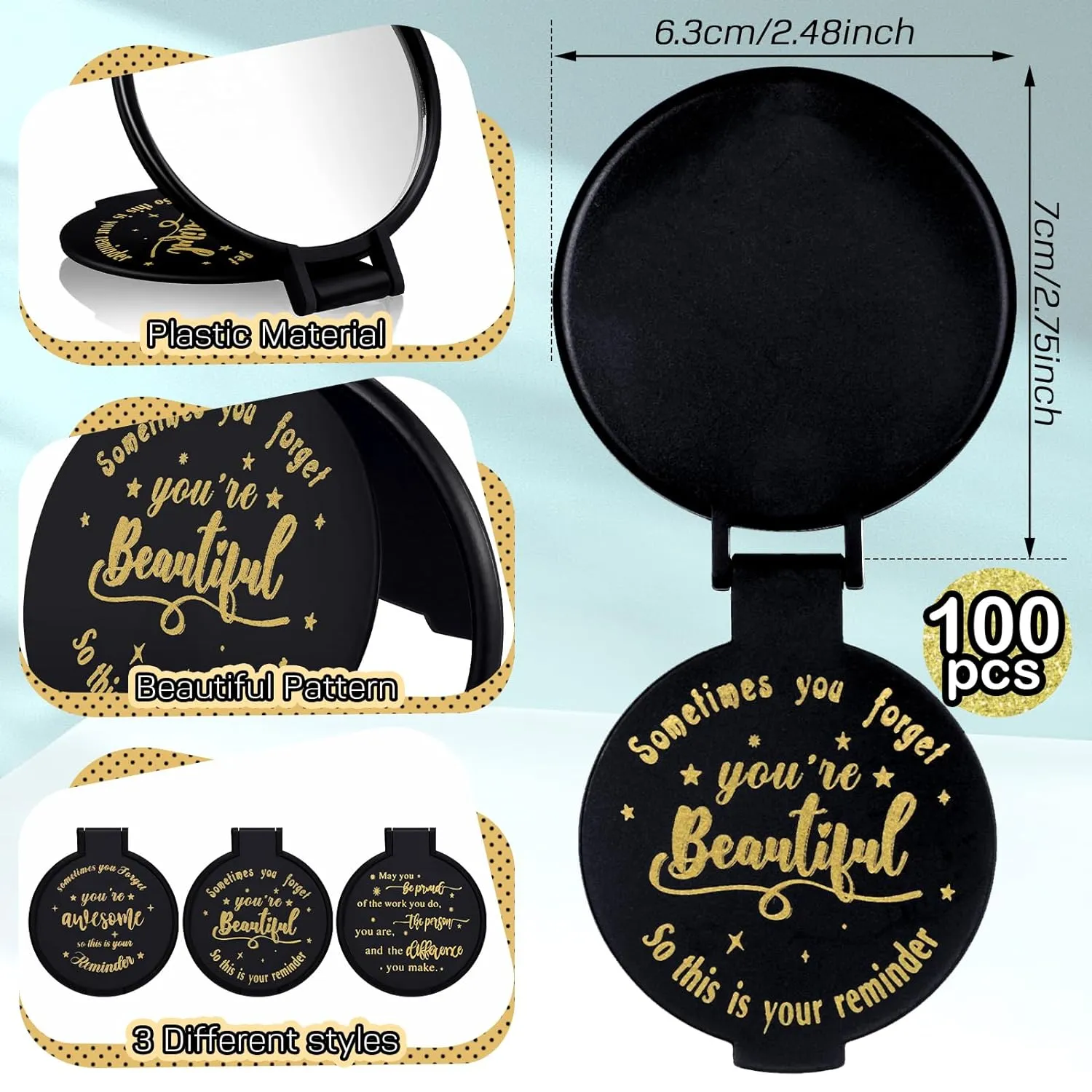 Wenqik 100 Pcs Compact Mirror Bulk Black Gifts for Women Small Inspirational Pocket Purse Handheld Mirror Portable Round Makeup Folding Appreciation Gift for Christmas Valentine Daily Travel Coworker
