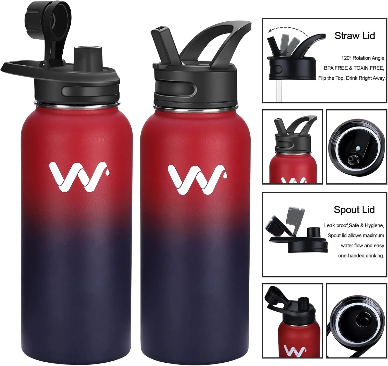 WEREWOLVES Insulated Water Bottle With Paracord Handles & Strap & Straw Lid & Spout Lid,Reusable Wide Mouth Vacuum Stainless Steel Water Bottle for Adults 24 oz, 32 oz, 40 oz