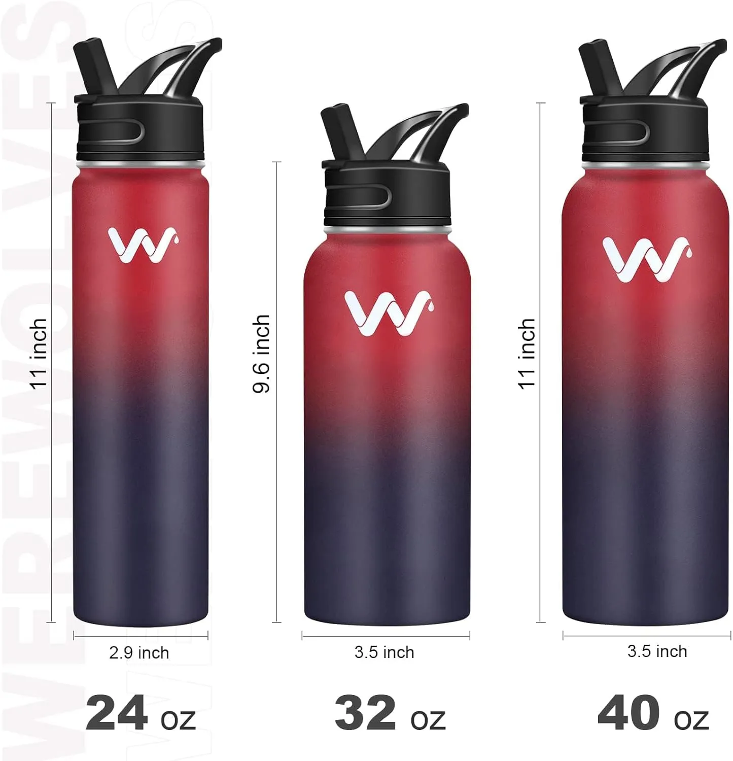 WEREWOLVES Insulated Water Bottle With Paracord Handles & Strap & Straw Lid & Spout Lid,Reusable Wide Mouth Vacuum Stainless Steel Water Bottle for Adults 24 oz, 32 oz, 40 oz