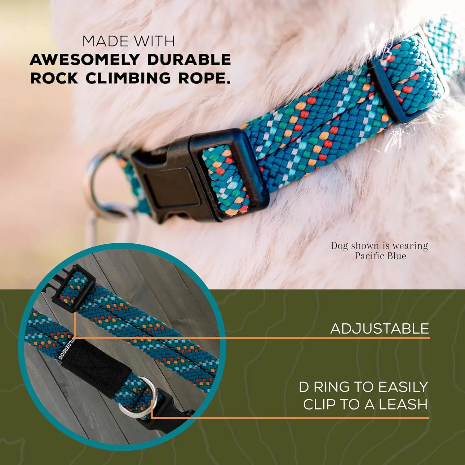 Wilderdog Climbing Rope Dog Collar - Outdoor Durable Climbing Rope Design with Heavy-Duty Secure Hardware for Safety - Adjustable to fit 17"-24" Around with a 1" Band - Large - Pacific Blue