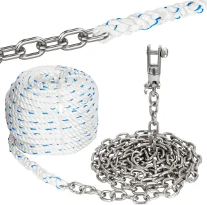 Windlass Anchor Rode - Rope/Chain, 1/2 Anchor Rope/line with 1/4 Anchor Chain and Swivel Connector, G4 316 Stainless Steel Short-Link Marine Chain with 3-Strand Nylon Rope