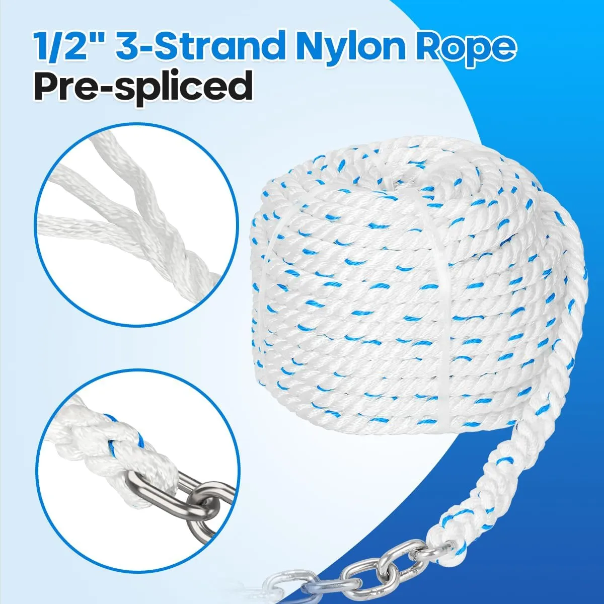 Windlass Anchor Rode - Rope/Chain, 1/2 Anchor Rope/line with 1/4 Anchor Chain and Swivel Connector, G4 316 Stainless Steel Short-Link Marine Chain with 3-Strand Nylon Rope