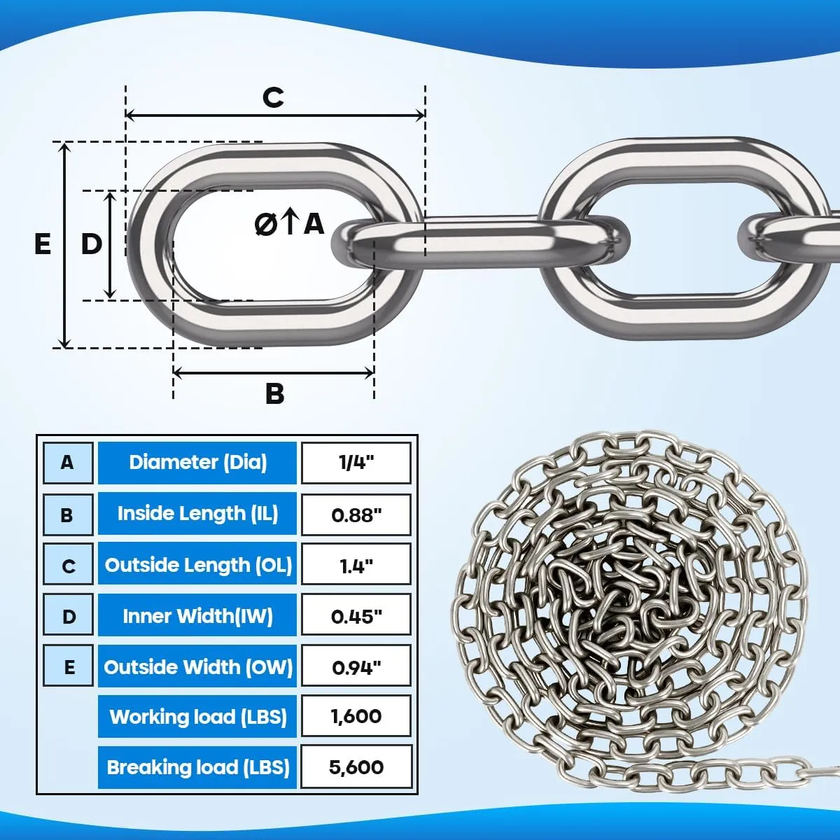 Windlass Anchor Rode - Rope/Chain, 1/2 Anchor Rope/line with 1/4 Anchor Chain and Swivel Connector, G4 316 Stainless Steel Short-Link Marine Chain with 3-Strand Nylon Rope