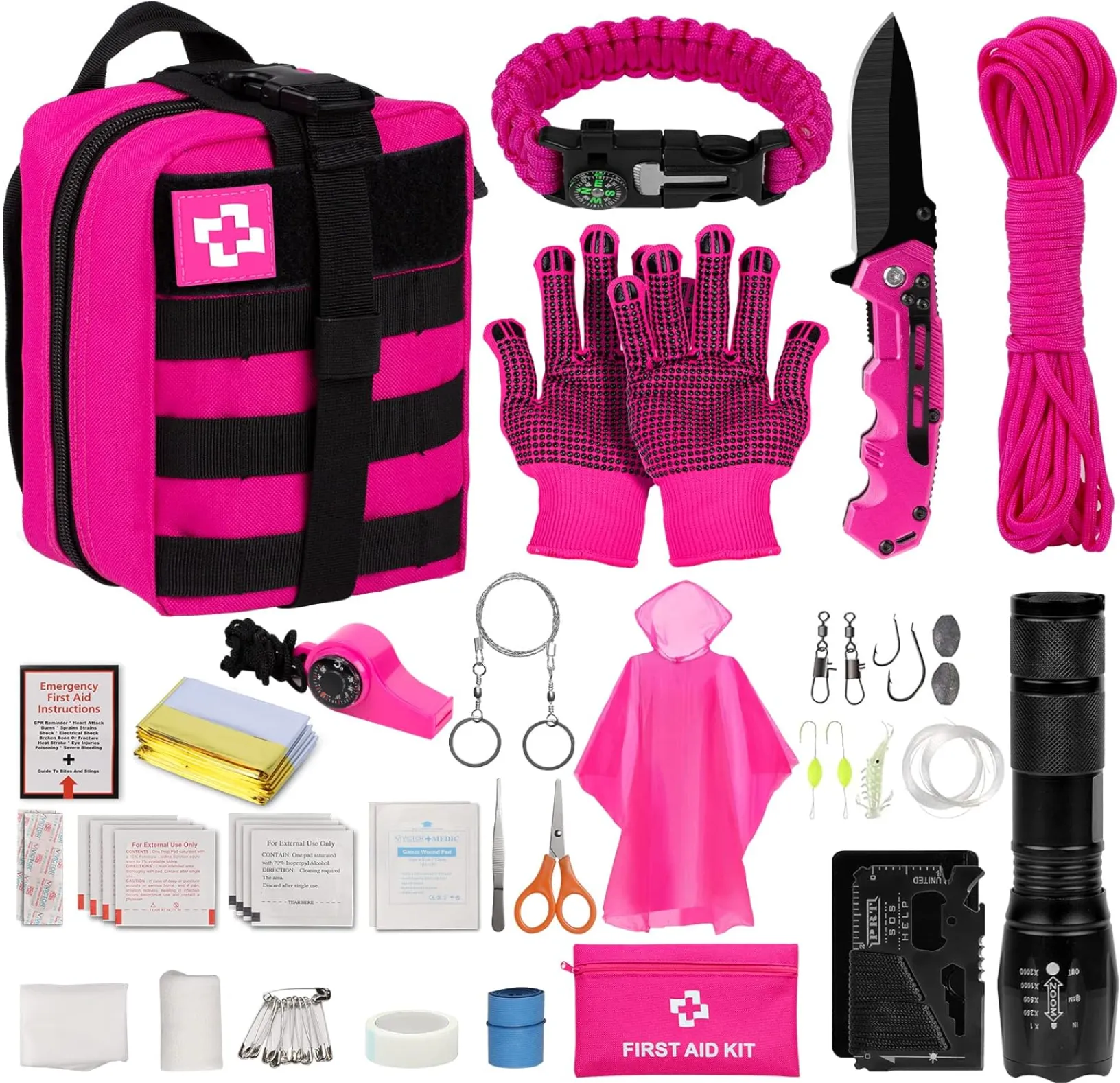 Women’s Pink Emergency Survival & First Aid Kit – Self Defense Gear with Tactical Molle Pouch, Emergency Tent, and Outdoor Survival Equipment for Hiking, Camping, and Adventure