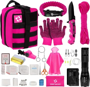 Women’s Pink Emergency Survival & First Aid Kit – Self Defense Gear with Tactical Molle Pouch, Emergency Tent, and Outdoor Survival Equipment for Hiking, Camping, and Adventure