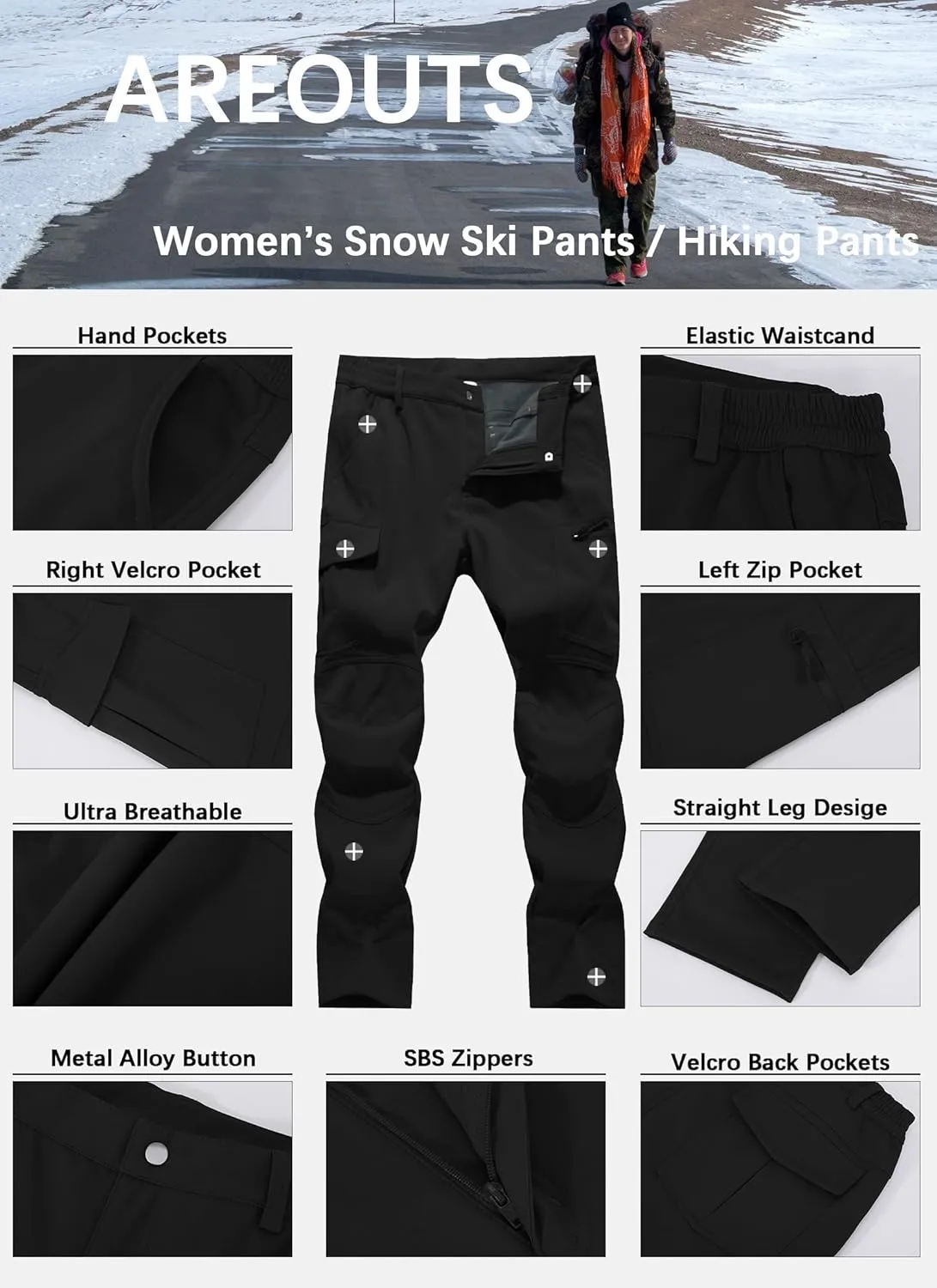 Women's Snow Ski Pants Fleece Lined Waterproof Softshell Insulated Winter Outdoor Hiking Cargo Pants