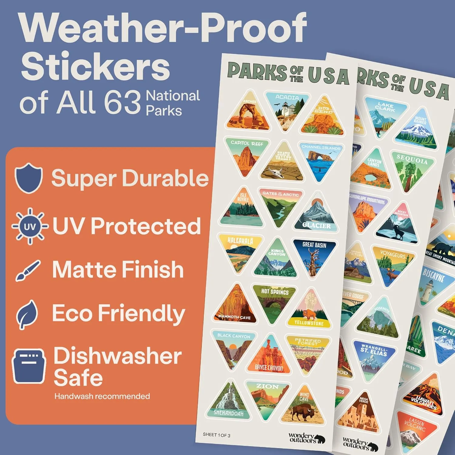 Wondery National Parks Water Bottle With 63 Waterproof Stickers of Parks (USA), 32 oz Stainless Steel Insulated & Vacuum Sealed Water Bottle for Traveling, Hiking, Camping, National Park Gifts- OCEAN