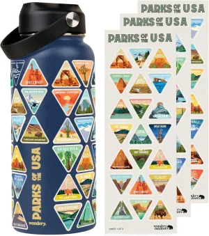Wondery National Parks Water Bottle With 63 Waterproof Stickers of Parks (USA), 32 oz Stainless Steel Insulated & Vacuum Sealed Water Bottle for Traveling, Hiking, Camping, National Park Gifts- OCEAN