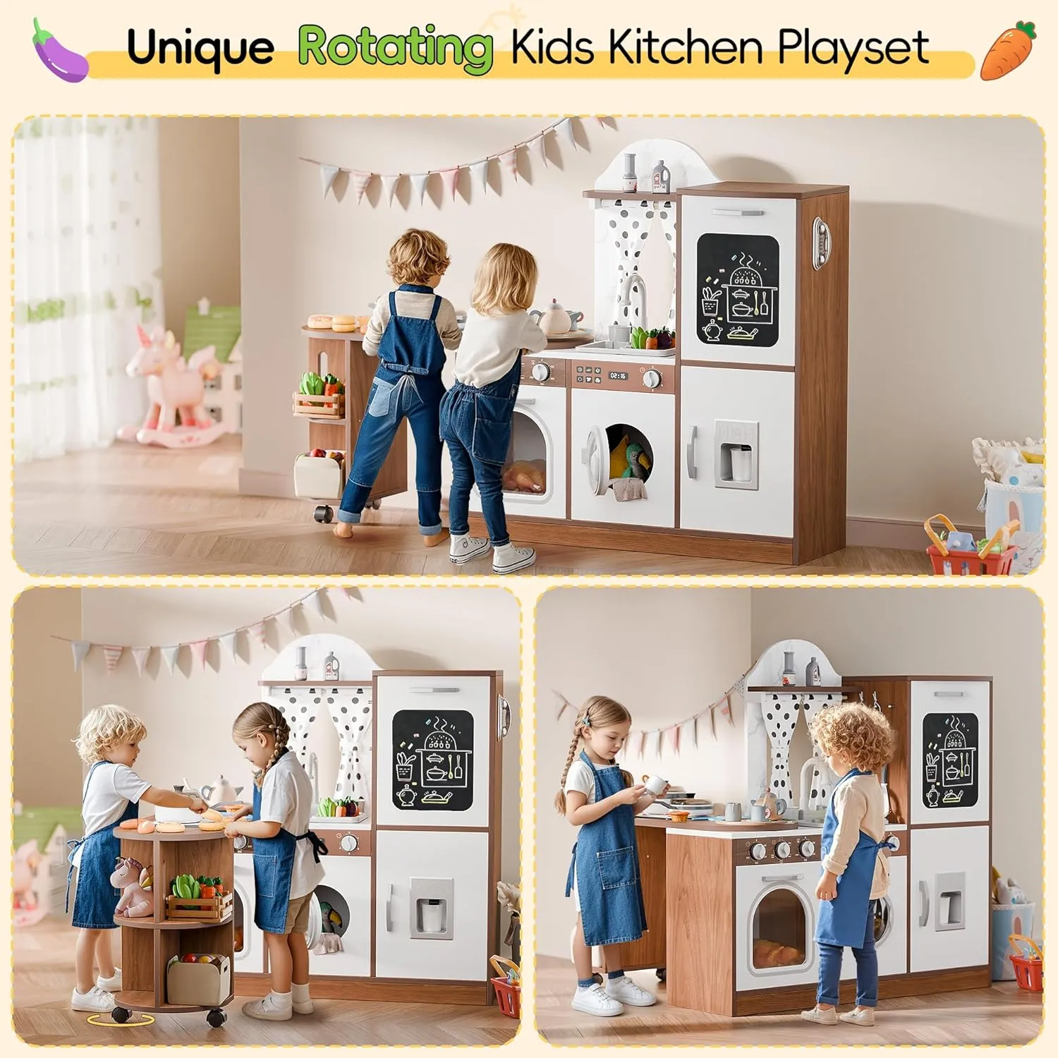 Wooden Corner Play Kitchen with 180° Rotating Design, Kids Kitchen Playset with Interactive Lights & Sounds, Toddler Kitchen Set with Realistic Accessories, Pretend Play Gift for Ages 3  (Brown)