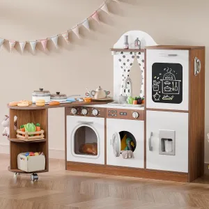 Wooden Corner Play Kitchen with 180° Rotating Design, Kids Kitchen Playset with Interactive Lights & Sounds, Toddler Kitchen Set with Realistic Accessories, Pretend Play Gift for Ages 3  (Brown)