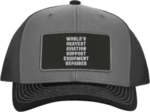 World's Okayest Aviation Support Equipment Repairer - Leather Black Patch Engraved Trucker Hat