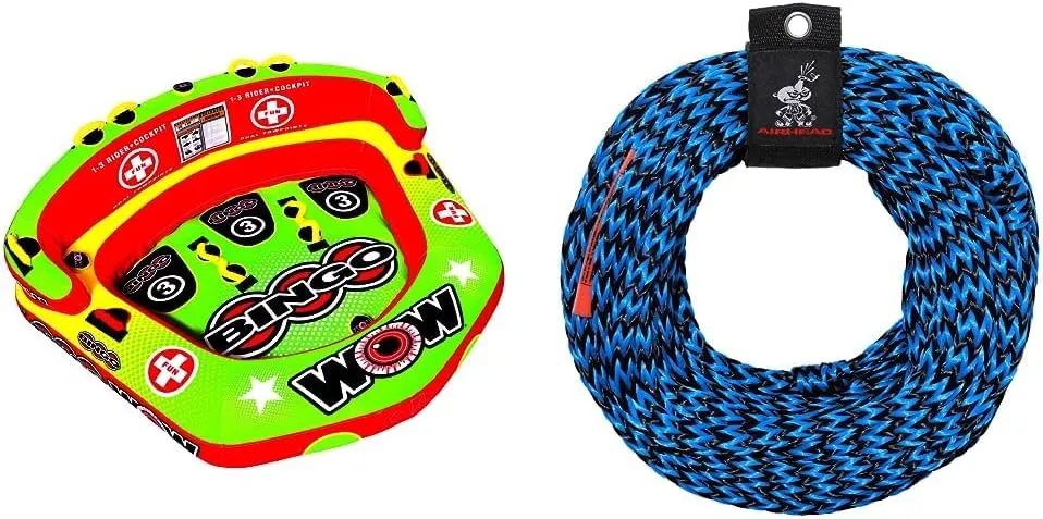 WOW World of Watersports Bingo Cockpit 1 2 or 3 Person Inflatable Towable Cockpit Tube for Boating, 14-1070 & Airhead Tow Rope for 1-3 Rider Towable Tubes, 1 Section, 60-Feet