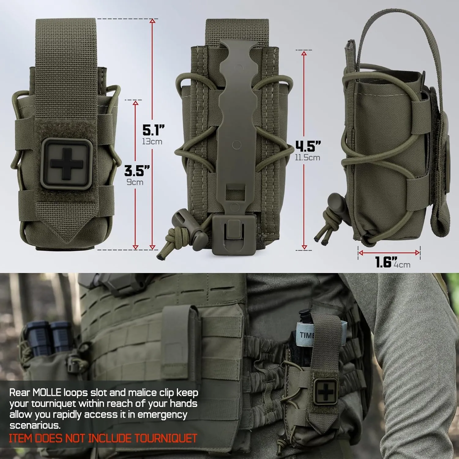 WYNEX MOLLE Tourniquet Holder, IFAK TQ Holder Tactical Medical TQ Pouch Holster First Aid Kit, Cross Patch/Bungee Cord