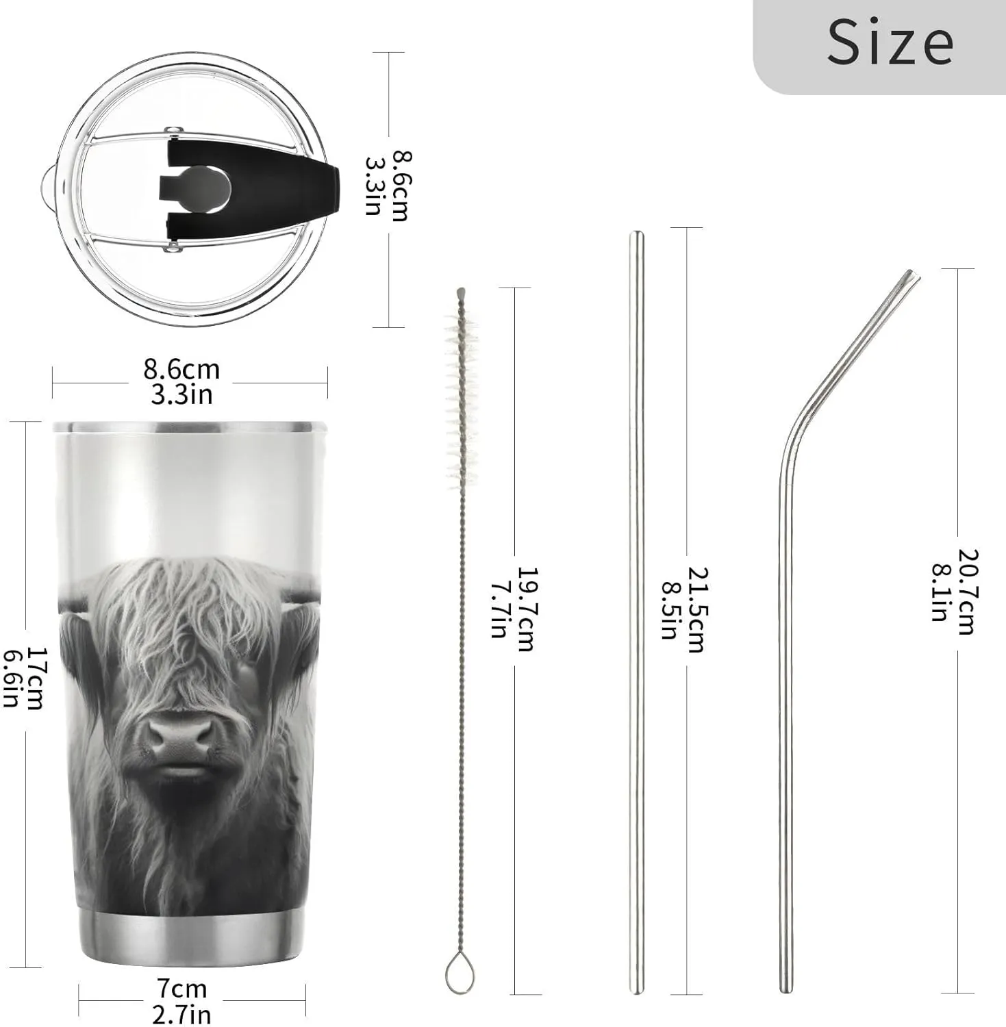 xigua 20oz Highland Cow Tumbler with Lid,Stainless Steel Vacuum Insulated Coffee Ice Cup Double Wall Travel Flask