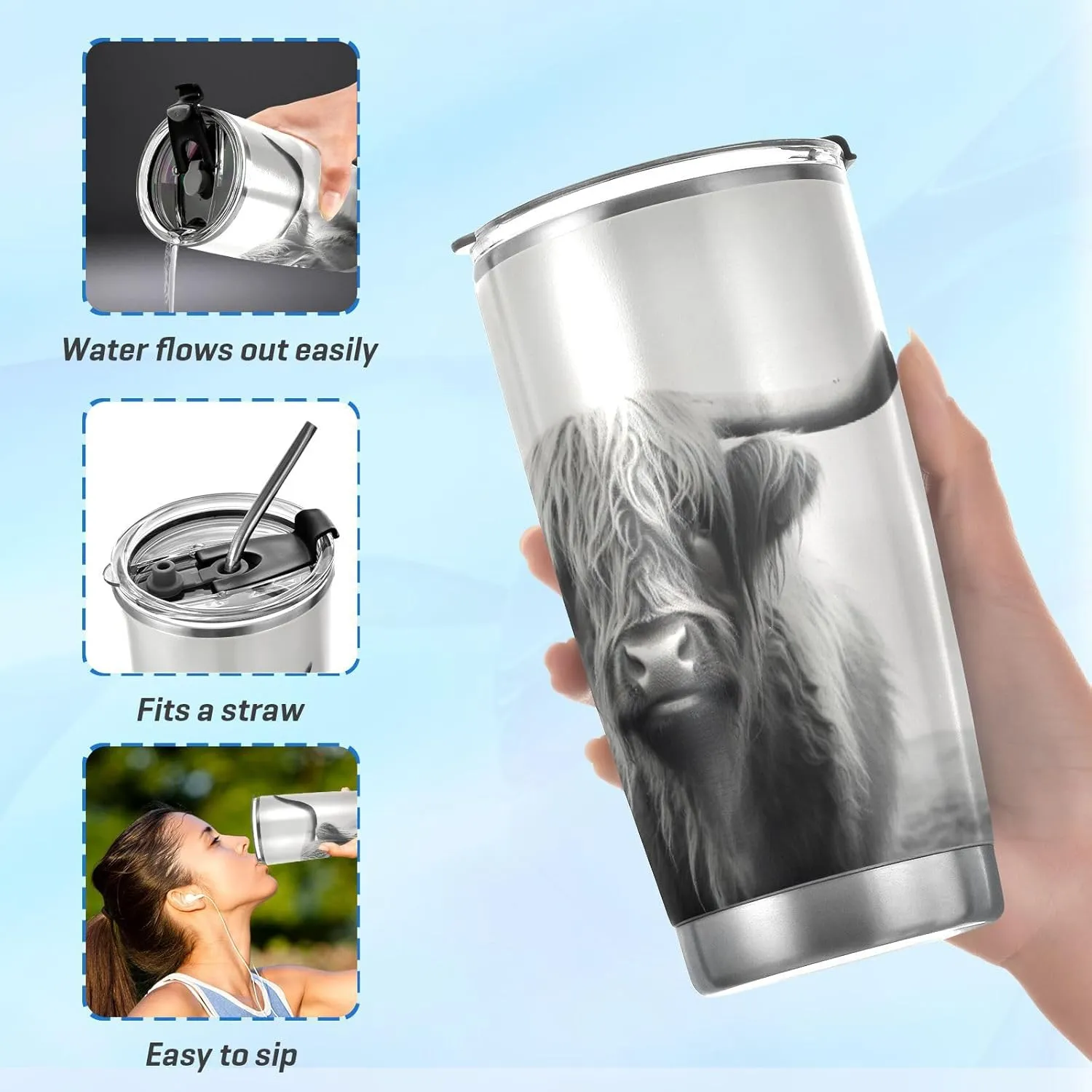 xigua 20oz Highland Cow Tumbler with Lid,Stainless Steel Vacuum Insulated Coffee Ice Cup Double Wall Travel Flask