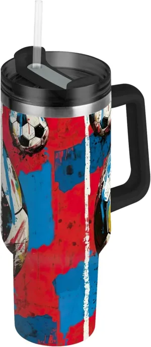 xigua 30 oz Colorful Soccer Tumbler with Handle and Straw Lid, Stainless Steel Vacuum Insulated Sports Water Bottle, Keeps Cold or Hot Coffee Cup Travel Mug
