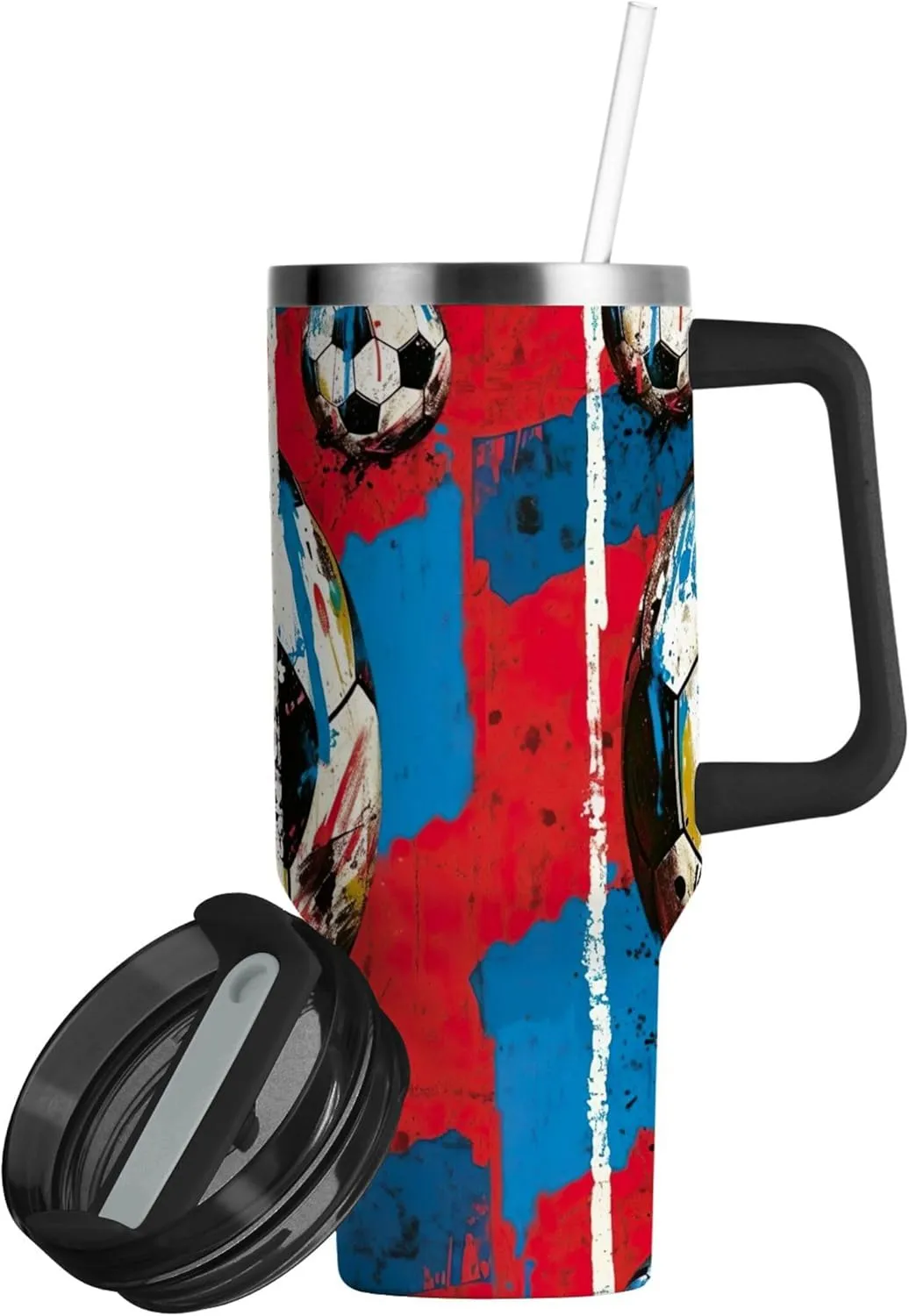 xigua 30 oz Colorful Soccer Tumbler with Handle and Straw Lid, Stainless Steel Vacuum Insulated Sports Water Bottle, Keeps Cold or Hot Coffee Cup Travel Mug