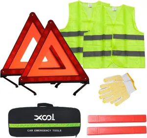 XOOL Emergency Warning Triangle Kit – Roadside Safety Kit with Reflective Warning Triangles, High-Visibility Safety Vests, Storage Bag & Gloves for Car Breakdowns & Emergencies