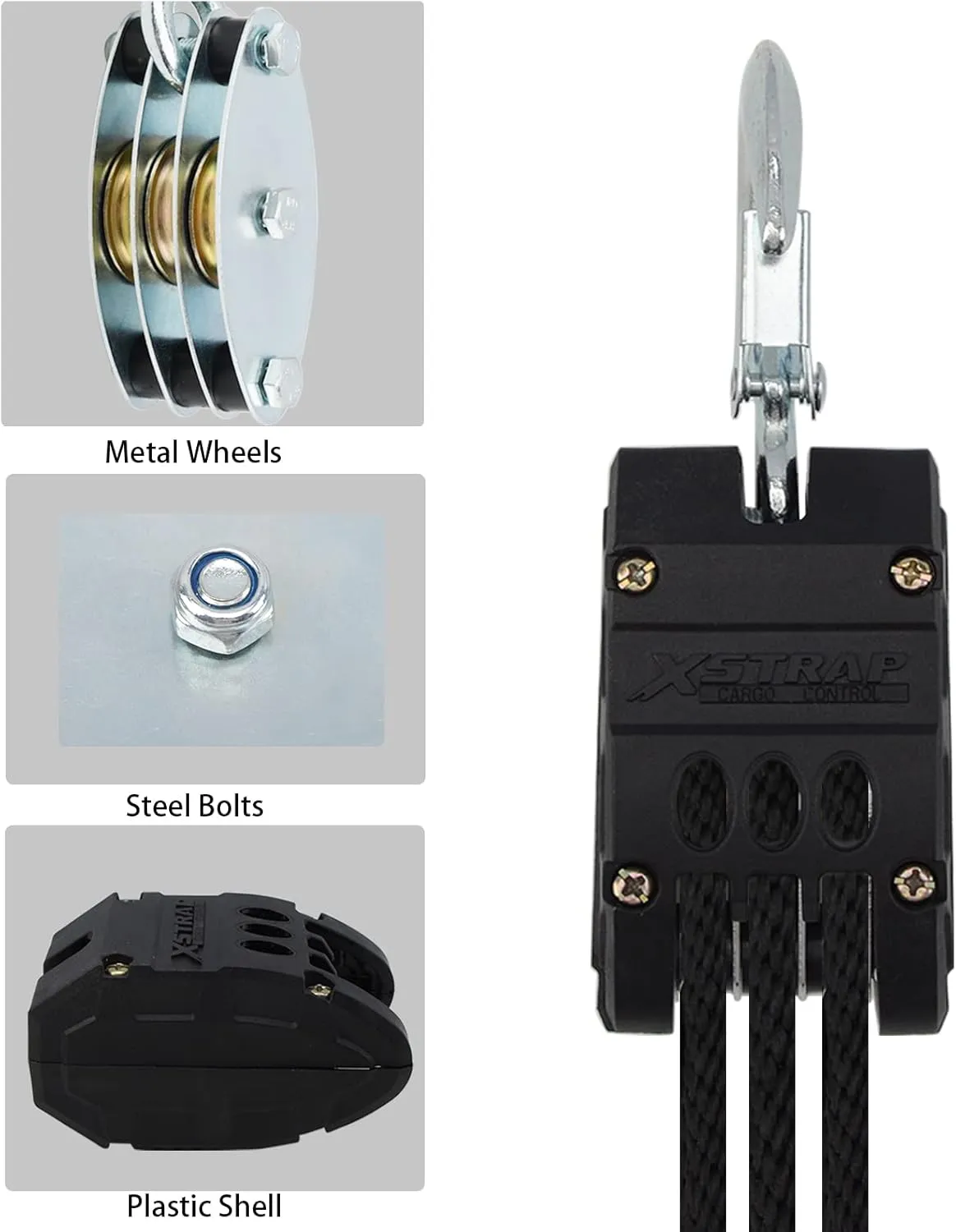 XSTRAP Rope Hoist 50 Feet Block and Tackle Pulley System for Lifting Heavy Objects, Heavy-Duty 2000 LBS Breaking Strength with 2PK Soft Loops, 5:1 Lifting Power Pulley Hoist (Upgraded Black)