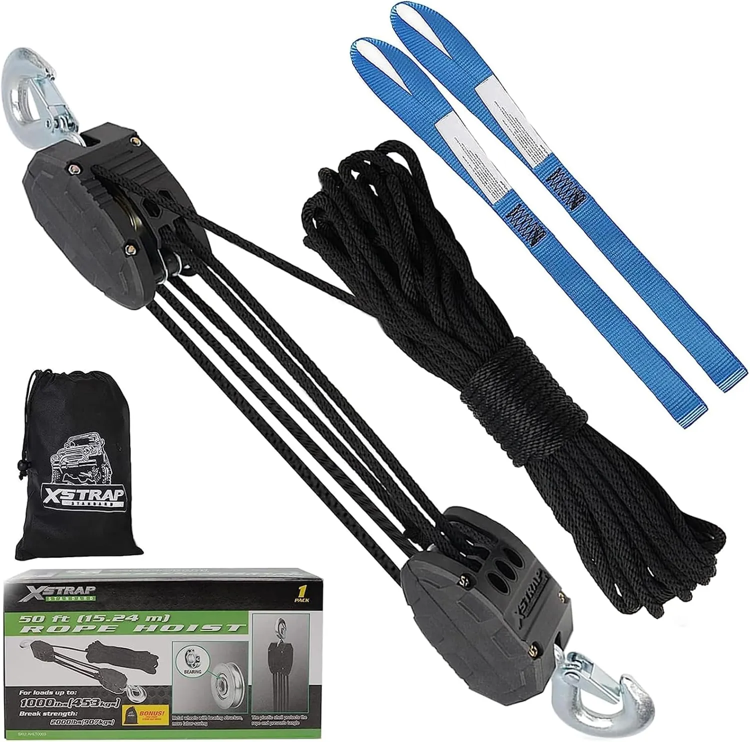 XSTRAP Rope Hoist 50 Feet Block and Tackle Pulley System for Lifting Heavy Objects, Heavy-Duty 2000 LBS Breaking Strength with 2PK Soft Loops, 5:1 Lifting Power Pulley Hoist (Upgraded Black)