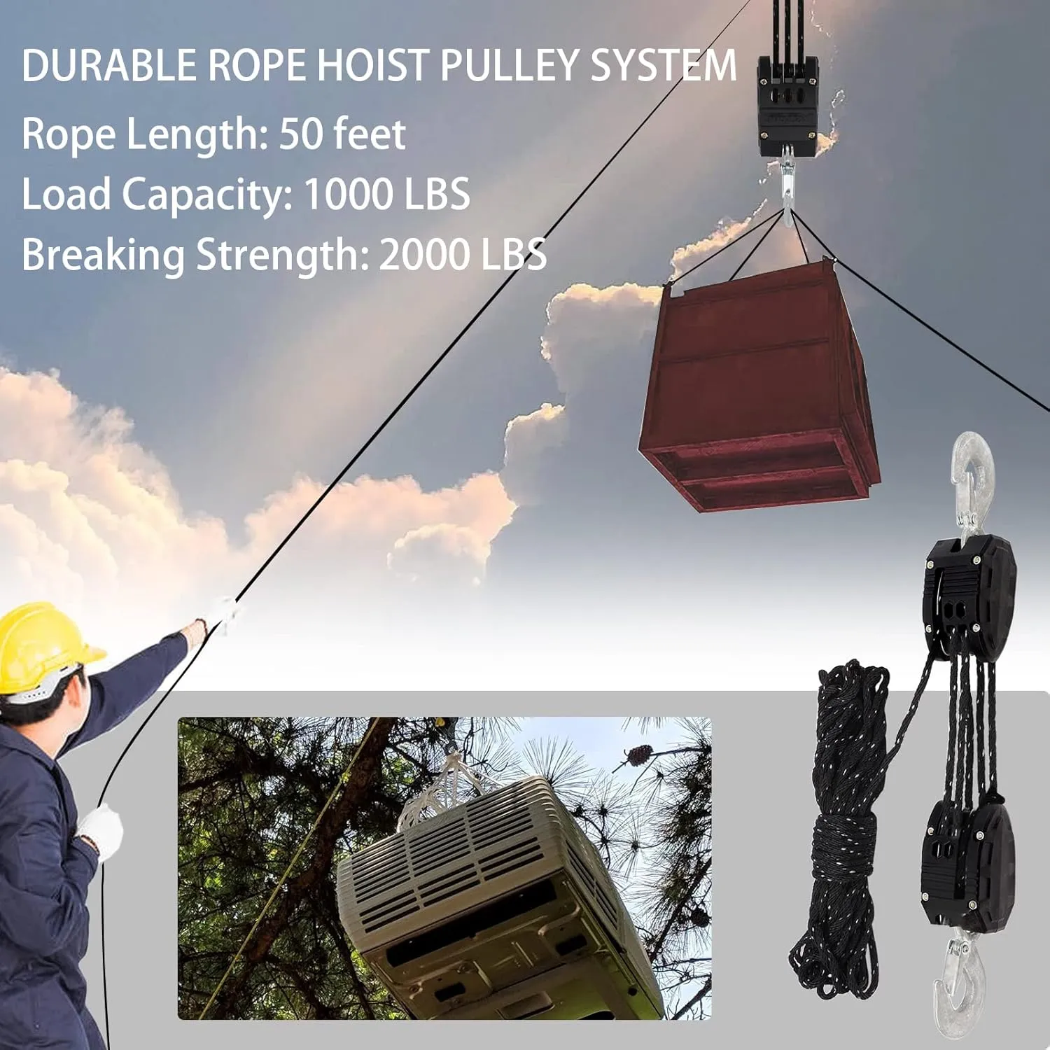 XSTRAP STANDARD Heavy-Duty 2,000LB 50 Feet Reflective Rope Hoist Pulley 1 Ton Wheel Block and Tackle System 5:1 Ratio Lifting Power with 2PK 18 Inch Soft Loops (Upgraded 50ft Reflective)