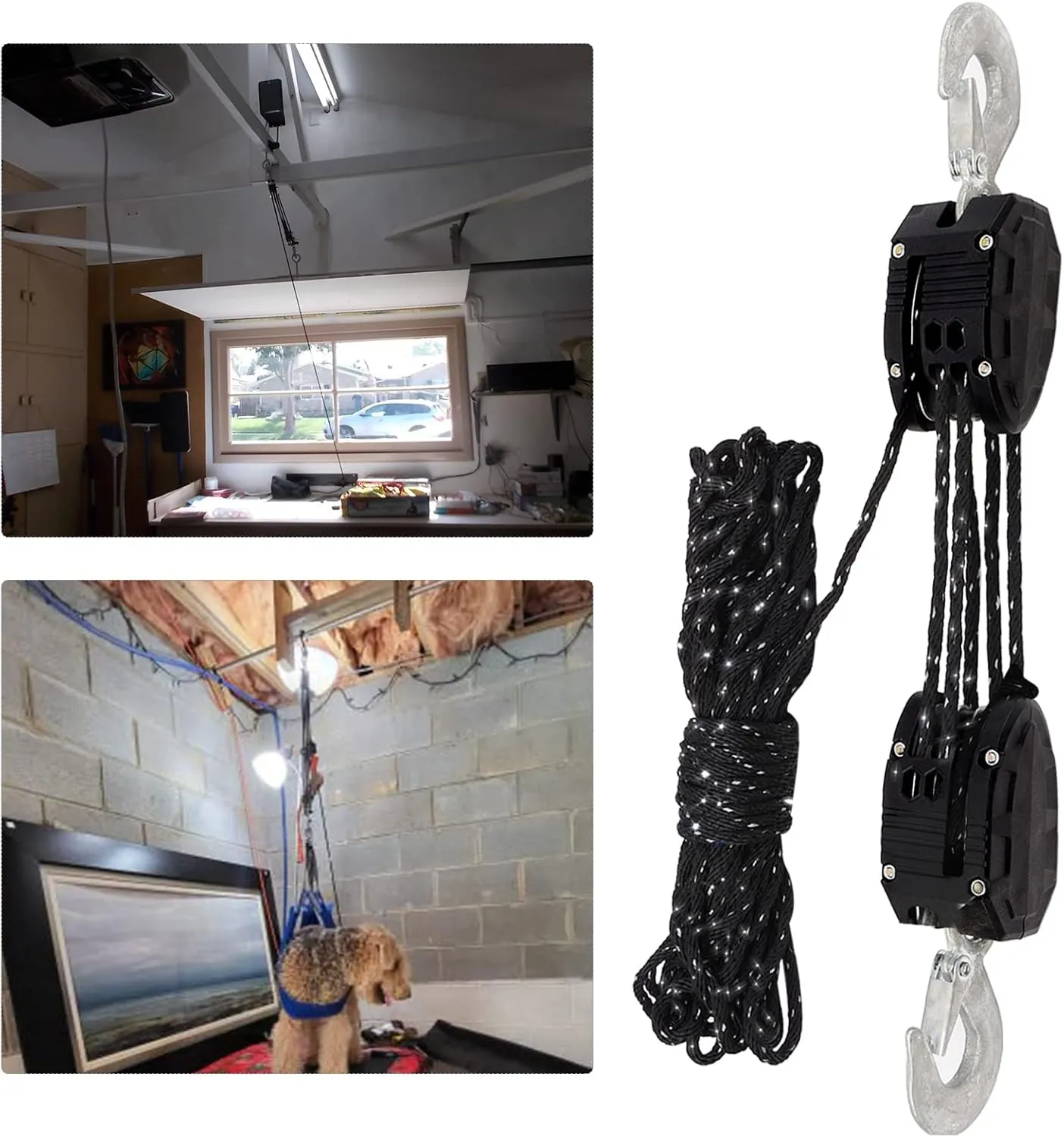 XSTRAP STANDARD Heavy-Duty 2,000LB 50 Feet Reflective Rope Hoist Pulley 1 Ton Wheel Block and Tackle System 5:1 Ratio Lifting Power with 2PK 18 Inch Soft Loops (Upgraded 50ft Reflective)