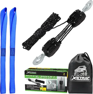 XSTRAP STANDARD Heavy-Duty 2,000LB 50 Feet Reflective Rope Hoist Pulley 1 Ton Wheel Block and Tackle System 5:1 Ratio Lifting Power with 2PK 18 Inch Soft Loops (Upgraded 50ft Reflective)