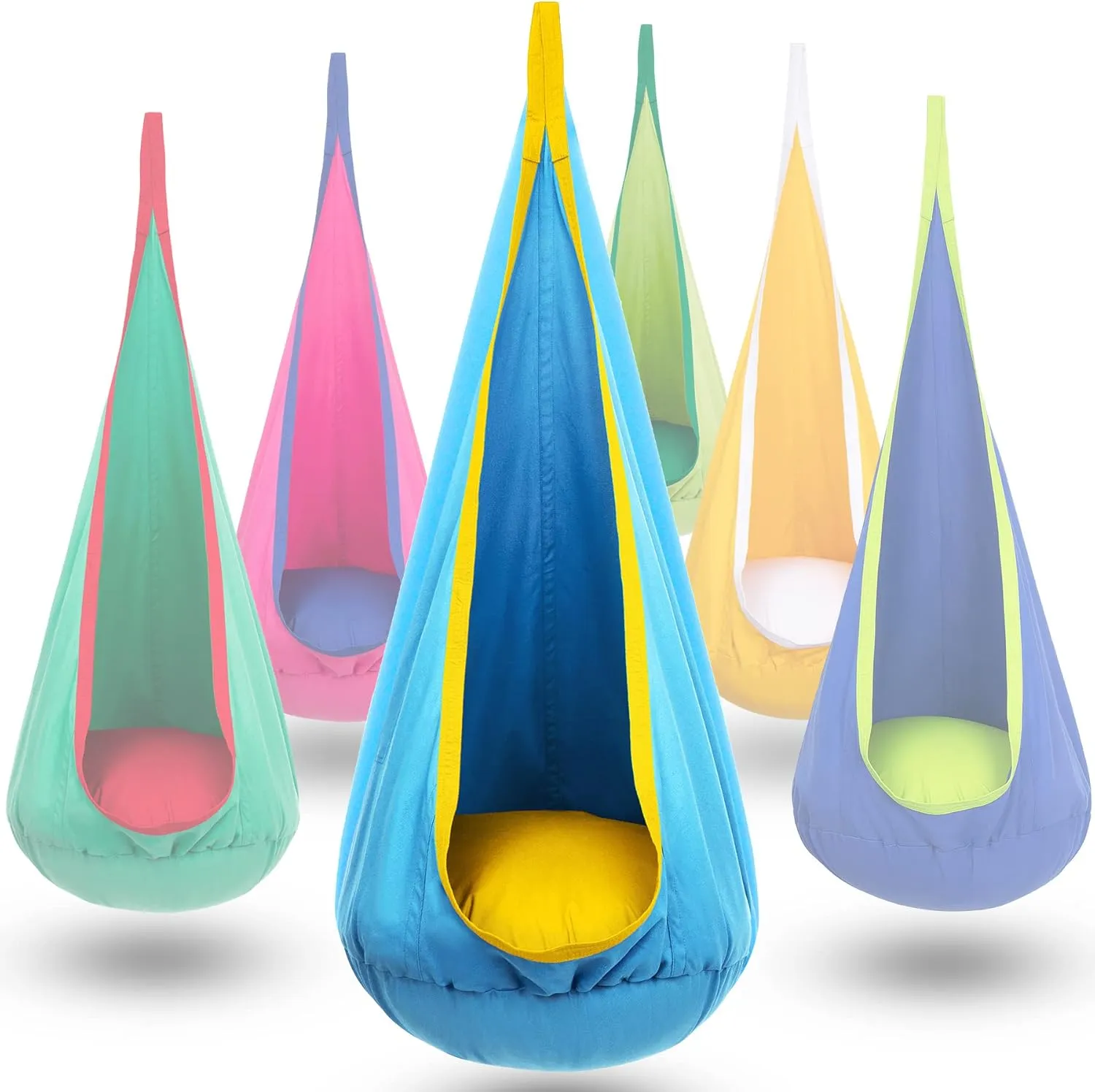 Y- STOP Kids Pod Swing Chair, Hanging Hammock Chair with Inflatable Pillow, Sensory Pocket for Outdoor and Indoor, Max 176Lbs(Blue Yellow)