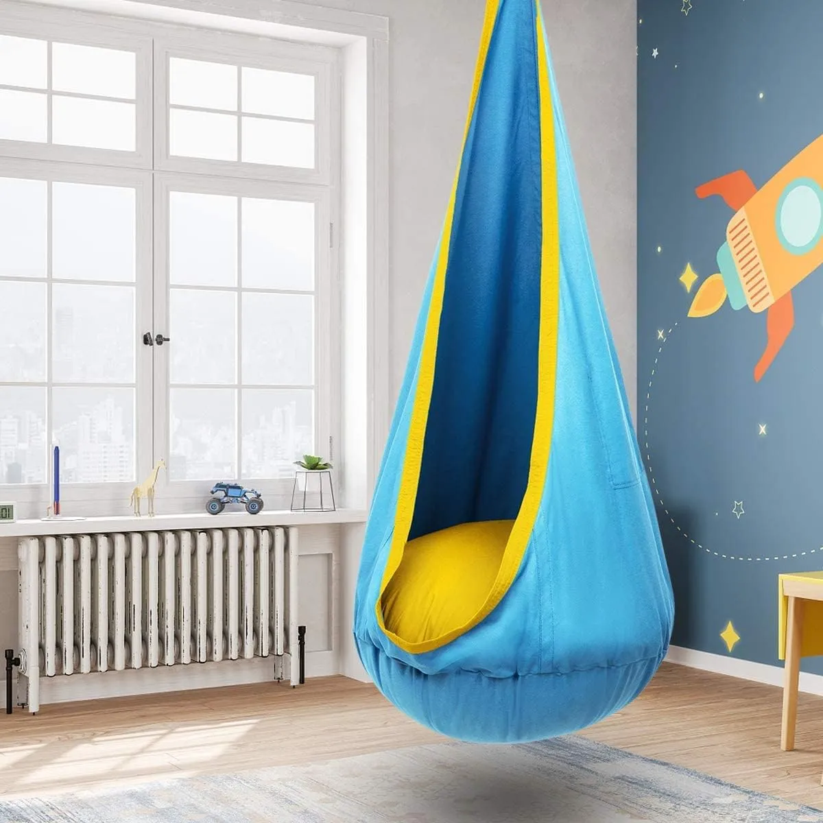 Y- STOP Kids Pod Swing Chair, Hanging Hammock Chair with Inflatable Pillow, Sensory Pocket for Outdoor and Indoor, Max 176Lbs(Blue Yellow)