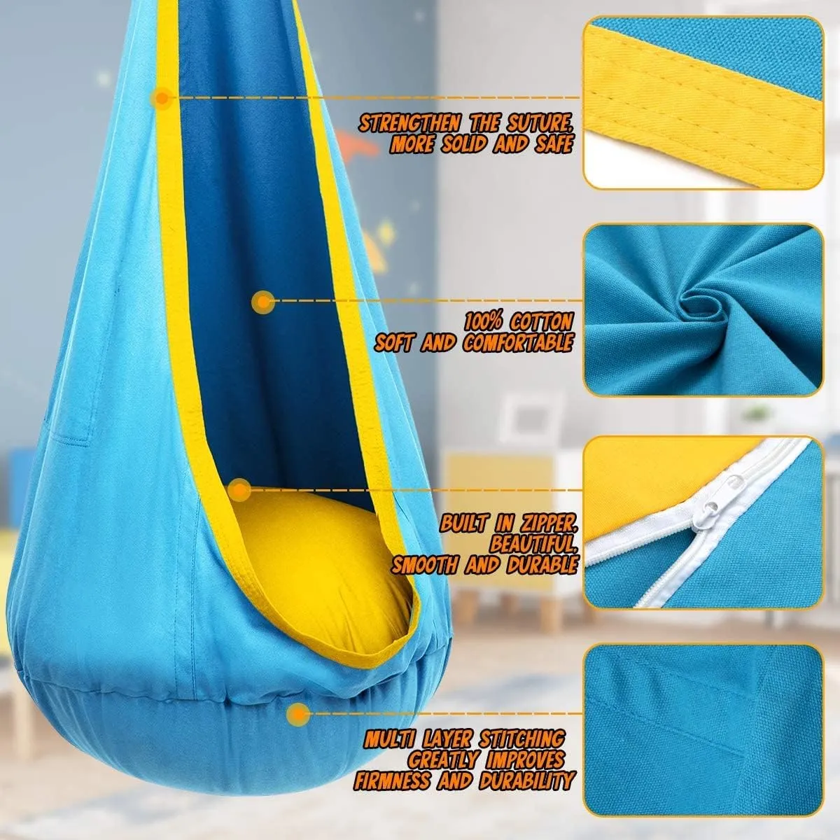 Y- STOP Kids Pod Swing Chair, Hanging Hammock Chair with Inflatable Pillow, Sensory Pocket for Outdoor and Indoor, Max 176Lbs(Blue Yellow)