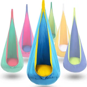 Y- STOP Kids Pod Swing Chair, Hanging Hammock Chair with Inflatable Pillow, Sensory Pocket for Outdoor and Indoor, Max 176Lbs(Blue Yellow)