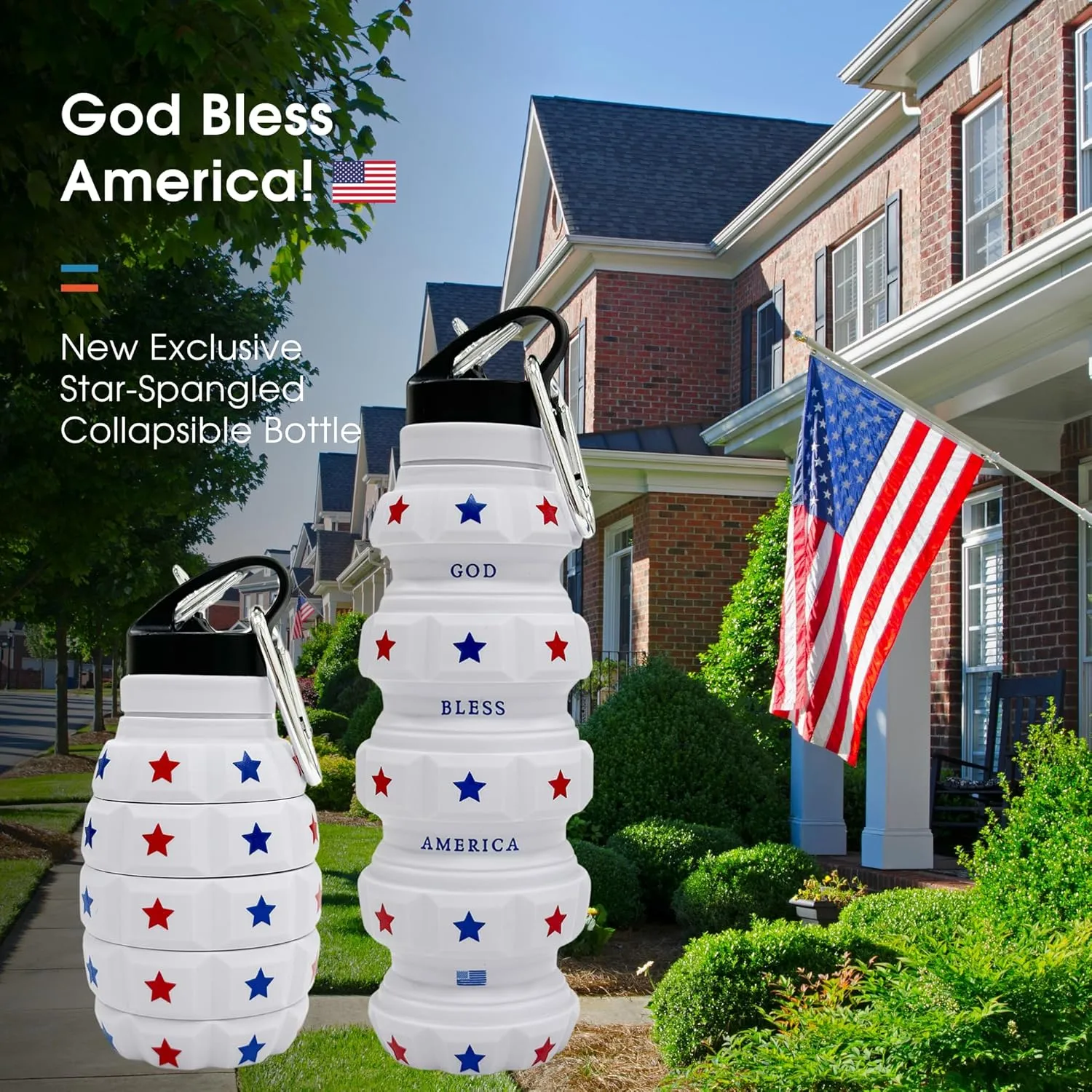 YARO Collapsible Water Bottle 19.6oz/580ml - Lightweight Leak-Proof Silicone Water Bottle American Flag Design - Foldable Mens Water Bottle for Camping, Hiking, Everyday Use (Patriotic)
