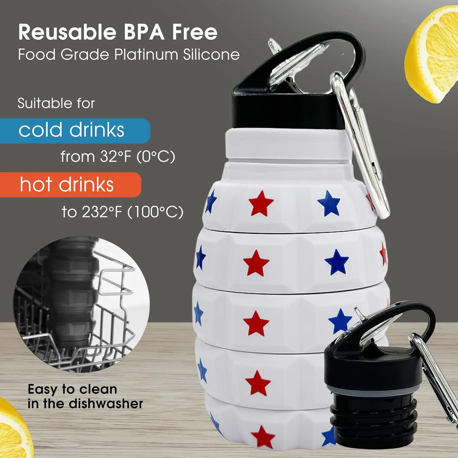 YARO Collapsible Water Bottle 19.6oz/580ml - Lightweight Leak-Proof Silicone Water Bottle American Flag Design - Foldable Mens Water Bottle for Camping, Hiking, Everyday Use (Patriotic)