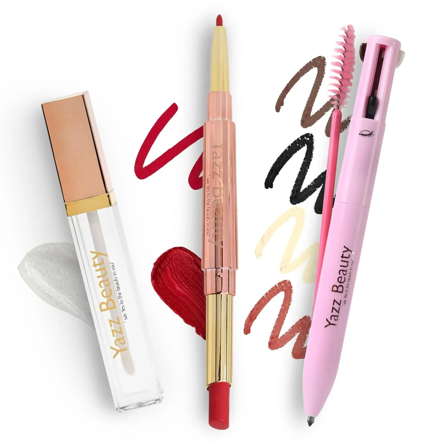YazzBeauty 2-Piece Makeup Set – Brown Mauve 4-in-1 Touch-Up Pen & Passion Red 3-in-1 Lip Kit – Eyeliner, Brow Pencil, Lip Liner, Lipstick & Gloss – Compact, Smudge-Proof, Vegan
