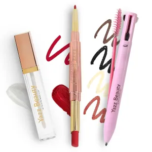 YazzBeauty 2-Piece Makeup Set – Brown Mauve 4-in-1 Touch-Up Pen & Passion Red 3-in-1 Lip Kit – Eyeliner, Brow Pencil, Lip Liner, Lipstick & Gloss – Compact, Smudge-Proof, Vegan