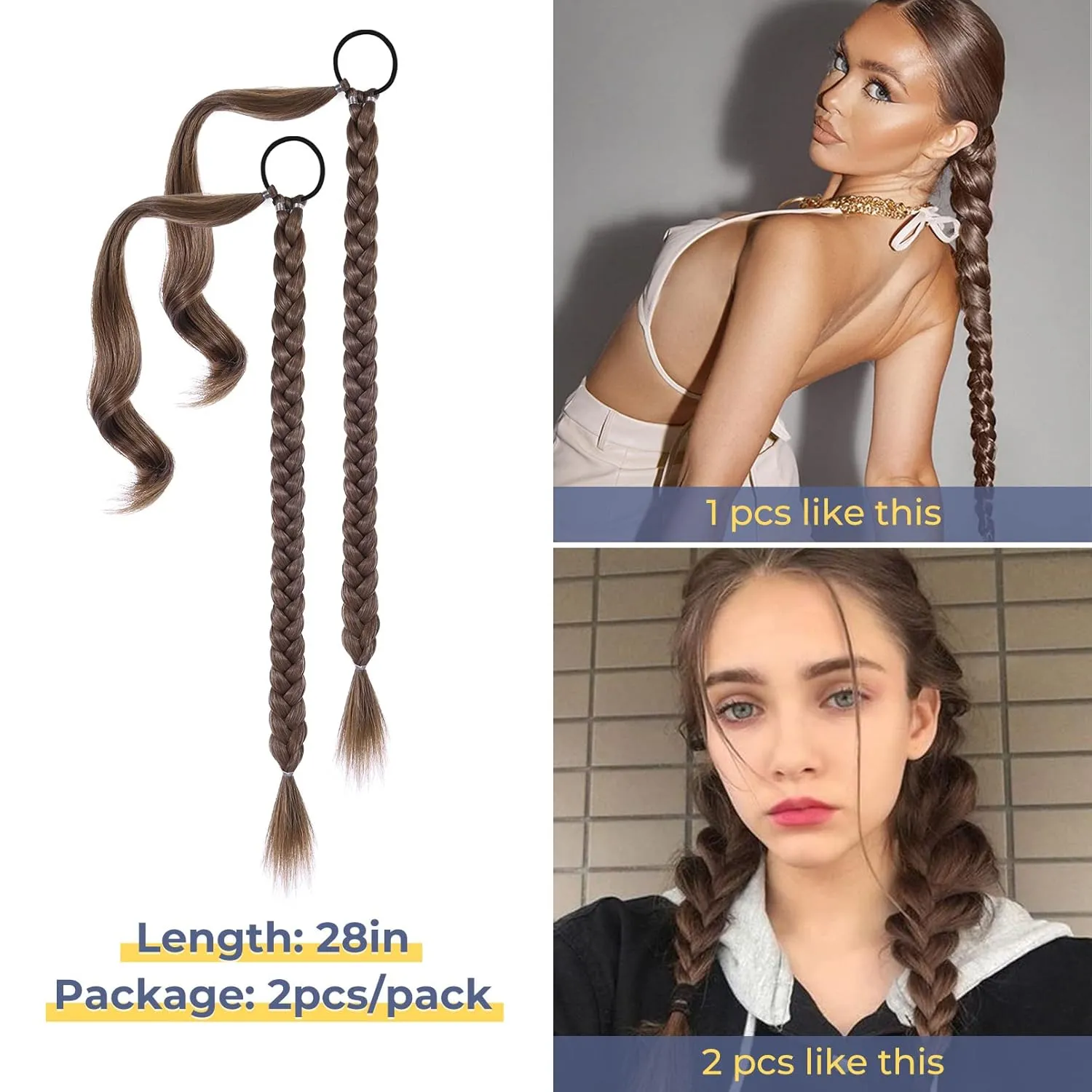 YOGFIT 2PCS DIY Braid Ponytail Extension, Long Straight Wrap Around Ponytail Hair Extensions Natural Soft Synthetic Hairpieces for Women Daily Wear