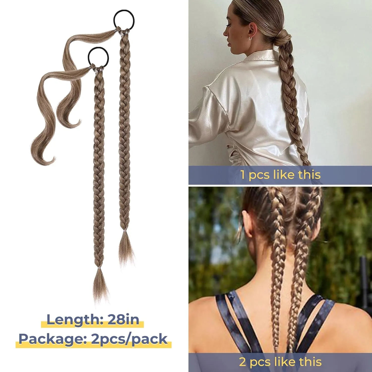 YOGFIT 2PCS DIY Braid Ponytail Extension, Long Straight Wrap Around Ponytail Hair Extensions Natural Soft Synthetic Hairpieces for Women Daily Wear