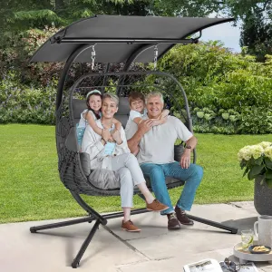 YOLENY Double Egg Chair with Adjustable Canopy, Oversized Hanging Swing Chair, Hammock Chair with Cushion Basket Hammock Nest Chair, Swinging Loveseat for Outdoor Patio, Balcony, Garden