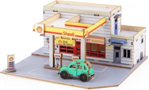 Young Modeler Mini Gas Station and Convenience Store 3D Wooden Puzzle Kit, Creative Brain Puzzle for Adults, Wooden Model Building Assembly Kit for Puzzle Collectors and Enthusiasts 미니 주유소와 편의점