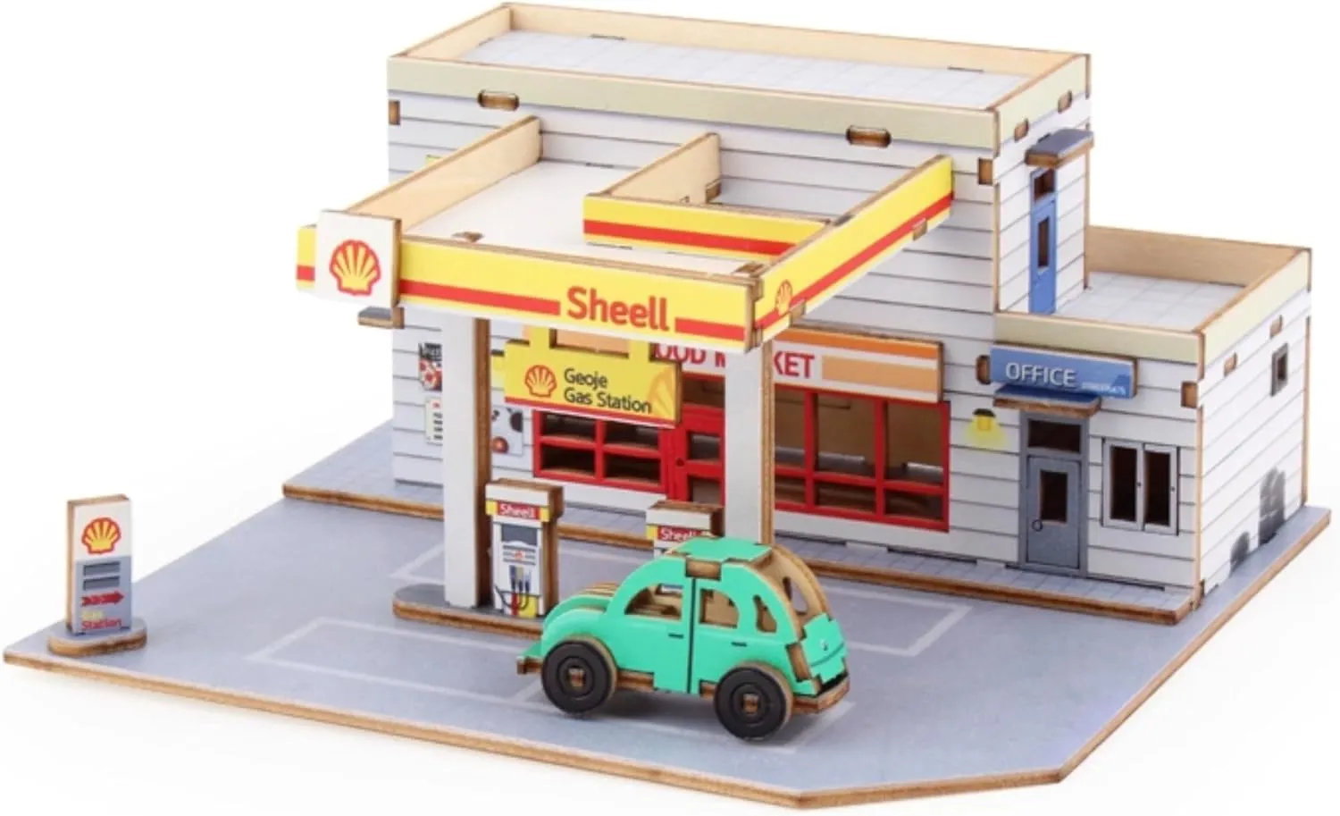 Young Modeler Mini Gas Station and Convenience Store 3D Wooden Puzzle Kit, Creative Brain Puzzle for Adults, Wooden Model Building Assembly Kit for Puzzle Collectors and Enthusiasts 미니 주유소와 편의점