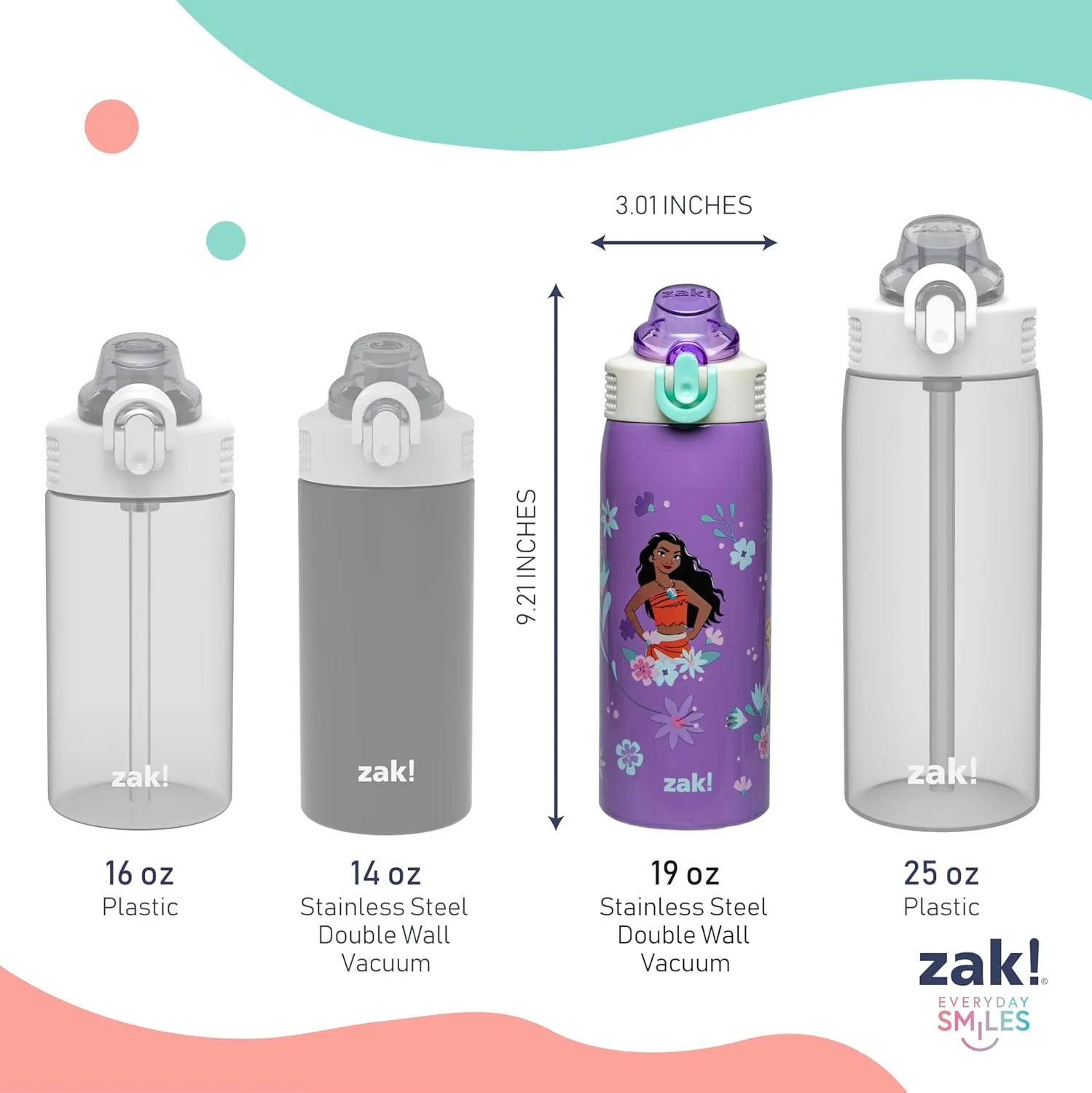 Zak Designs Disney Princess Sage Kids Water Bottle For School or Travel, 19oz Stainless Steel Water Bottle With Straw, Handle, and Leak-Proof, Pop-Up Spout Cover (Ariel, Moana, Rapunzel, Tiana)